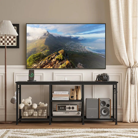 TV Stand For Televisions Up To 55 Inch With Built In Power Outlet And USB Ports Type C Port Open Storage Shelves Black