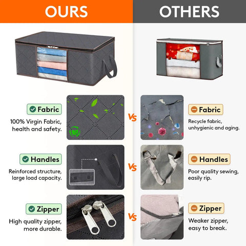 Comparison of 8 Pack Foldable Closet Storage Bins With Clear Windows And Reinforced Handles, highlighting fabric, handles, zippers.