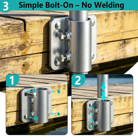 Product focus keyword is: Two-Pack Heavy Duty Galvanized Dock Pipe Holders For 1-7/8 Inch Pipe With All Hardware Bolts Included Marine Grade Rustproof Brackets For Floating Dock Post Support. Bolt-on dock pipe holder on wooden dock post