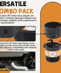 RV Sewer Hose Adapter Kit With 3 Inch Rotating Rigid Bayonet Adapter And Termination Fitting, Includes Male Thread And Hooks, 3 Inch Bayonet Hub Connector For Easy Waste Disposal On The Go. Black ABS 3-inch RV sewer adapter parts shown installed