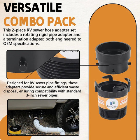 RV Sewer Hose Adapter Kit With 3 Inch Rotating Rigid Bayonet Adapter And Termination Fitting, Includes Male Thread And Hooks, 3 Inch Bayonet Hub Connector For Easy Waste Disposal On The Go. Black ABS 3-inch RV sewer adapter parts shown installed