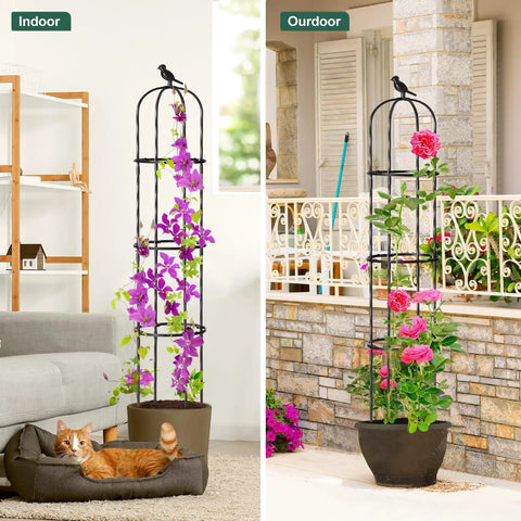 Garden Obelisk Trellis For Climbing Plants, 67-Inch Tall, 12-Inch Wide, indoor and outdoor use with flowers and cat, black.