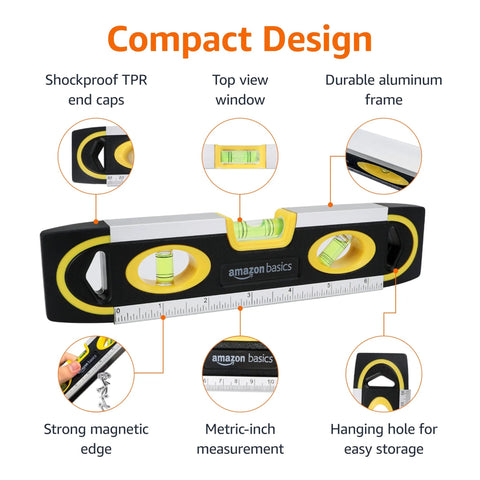 Amazon Basics 9-inch magnetic torpedo level with ruler, black and yellow, 180/90/45 degree bubbles.