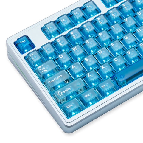 Built Damn Tough Full Aluminum Wireless Mechanical Keyboard With Hot Swappable Switches And Smart Tri Mode Pairing Featuring Custom Rgb Lighting 8000Mah Cell For Elite Gaming And Typing Setups close-up of blue backlit keys.