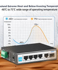 Rugged Six Port Mini Gigabit Industrial PoE Switch For DIN Rail with temp chart, showcases extreme temperature resistance.
