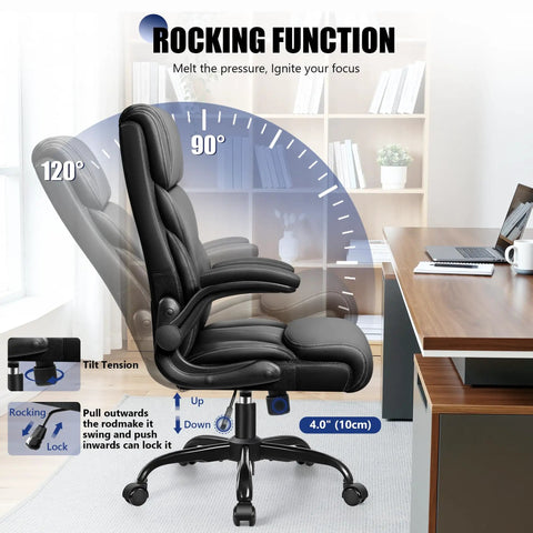 Ergonomic Leather Office Chair With Flip Up Armrests Big And Tall High Back Executive Computer And Gaming Chair With Footrest All Day Comfort Padded Support Rocking Base Boss Level Black in rocking position near desk