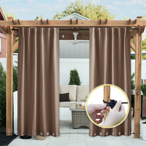 Two Panels Weighted Blackout Outdoor Curtains For Patio And Pergola Waterproof And Thermal Insulated With Top And Bottom Grommets And Back Tab Wind Resistant Privacy Drapes In Tan Khaki 52 By 84 Inches shown installed on pergola