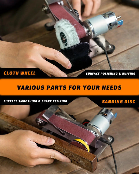 Hella Versatile Compact Mini Belt Sander For Electric Knife Sharpening And Woodworking with cloth wheel and sanding disc in use.