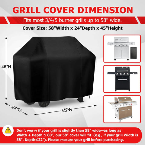 Heavy Duty Outdoor Grill Cover For Backyard BBQ Equipment covers 58"W x 24"D x 45"H 3-5 burner grills in sleek black.