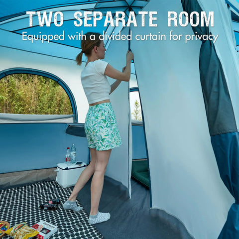 Interior view of 8 Person Family Camping Tent With Porch And Two Room Cabin Weather Resistant Outdoor Tent With Rainfly Easy Setup