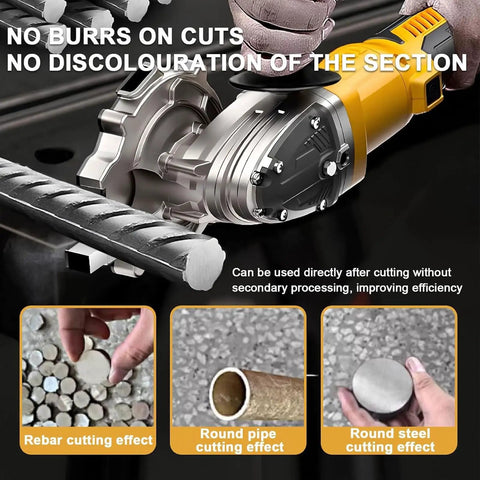 Close-up of Vdniduir Handheld Steel Bar Cutter Rebar Cold Cutting Saw Portable 2000W Brushless Motor making clean cuts on rebar.