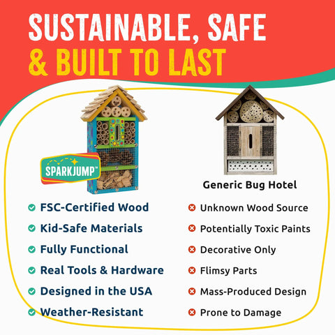 Comparison of SparkJump bug hotel and generic version; Sweet Bug Hotel Kit for Kids Easy Cedar Wood Insect House Craft Kit differences