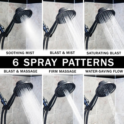 Massage And Mist Handheld Shower Head Kit with 6 Function High Pressure Boost Hose and Mount showing various spray patterns.