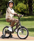 Child riding a bike with Heavy Duty Training Wheels For Kids Bikes 12 To 20 Inch With Stabilizers, Steel Support Arms.