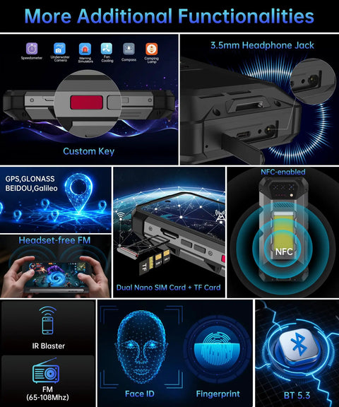 Badass Rugged Android 14 Smartphone With Dependable 4G Connectivity And A Dope 23800mAh Battery Paired With Blazing 120W Fast Charging showcasing additional functionalities like NFC, dual SIM, and headphone jack.