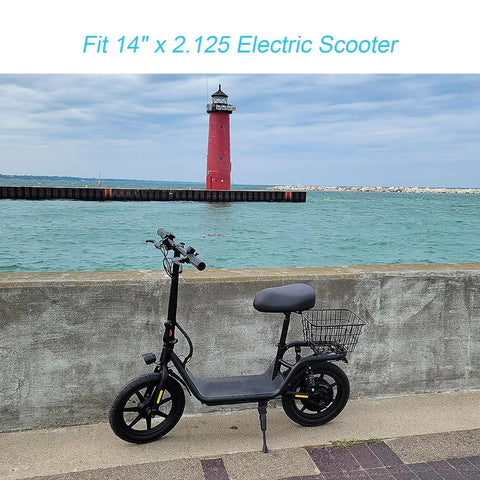 Electric scooter with 2 Pack 14x2.125 Inner Tubes For 14 Inch Electric Scooters And Ebikes With Angled Valve Stem by a lighthouse