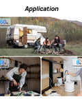 Applications of 800W 12V Mono Solar Panel Off Grid RV Boat Kit, showing use on RV, for DIY tools, and home backup.