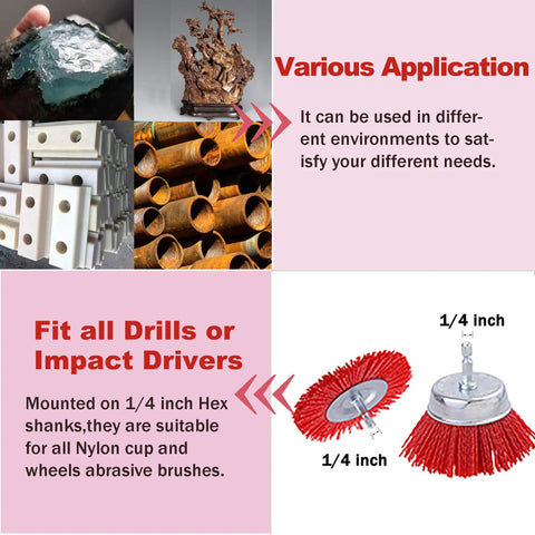 10 Pack Nylon Filament Wheel And Cup Brush Set With Quarter Inch Hex Shank For Rust Paint And Corrosion Removal On Metal