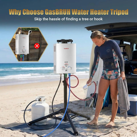 Heavy Duty Tripod Stand For Propane Tankless Water Heaters with Adjustable Folding Outdoor Water Heater Stand on beach.