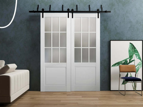 Felicia 3309 Interior Barn Bypass Sliding Doors With Frosted Glass And Solid Wood White Finish 84 By 96 Inches Classic Style installed