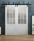 Radical Solid Wood Interior Bypass Sliding Barn Doors With Frosted Glass Panes 64X96 White Classic Vibe in modern living room.