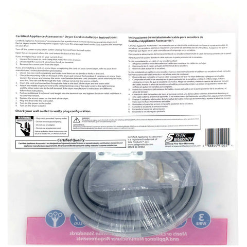 Packaged 30-Amp Dryer Power Cord, 3 Prong 3-Wire with Closed Eyelet Connectors, visible through clear wrapping