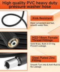Close-up of Versatile Heavy Duty Pressure Washer Gun And Hose Kit With Replacement Extension Wand For Most Brands Built With Steel Plated Zinc Fittings Anti Rust And Leak Free, showing kink-resistant hose and zinc fittings.
