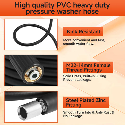 Close-up of Versatile Heavy Duty Pressure Washer Gun And Hose Kit With Replacement Extension Wand For Most Brands Built With Steel Plated Zinc Fittings Anti Rust And Leak Free, showing kink-resistant hose and zinc fittings.