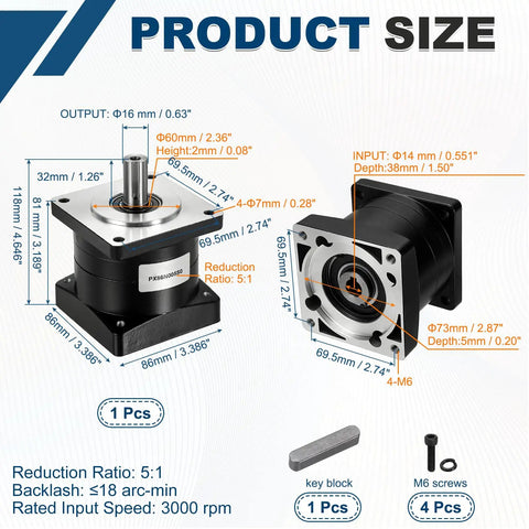 Diagram of Beefy Planetary Gearbox Speed Reducer For Nema 34 Stepper Motor 5 To 1 Ratio with dimensions and components