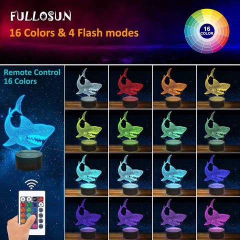 Shark 3D Illusion Night Light With Touch Control And Remote 16 Color USB LED Desk Lamp Kid Friendly Room Decor display