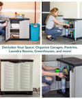 Beast Of A Heavy Duty Freestanding Resin Garage Storage Cabinet With Adjustable Shelf In Gray shown in various home uses
