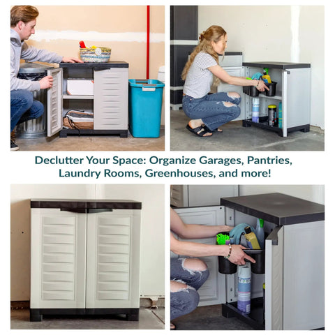 Beast Of A Heavy Duty Freestanding Resin Garage Storage Cabinet With Adjustable Shelf In Gray shown in various home uses