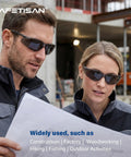 Top Shelf Tinted Safety Glasses 24 Bulk Pack With Ansi Z87.1 Rating And Kickass Uv Protection For Hard Shift Construction Crews Smoke Grey Impact, worn by two professionals reviewing plans.