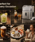Top Tier Countertop Nugget Ice Maker Churns Out 35 Pounds Of Chewable Pebble Ice In Just Seven Minutes With Self Cleaning Design And Removable Basket For Everyday Chill Sessions In Silver with cocktails and seafood setup.
