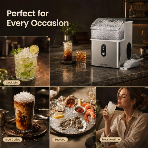 Top Tier Countertop Nugget Ice Maker Churns Out 35 Pounds Of Chewable Pebble Ice In Just Seven Minutes With Self Cleaning Design And Removable Basket For Everyday Chill Sessions In Silver with cocktails and seafood setup.