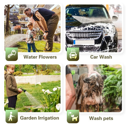 Image of diverse uses for a portable water hose reel, including watering flowers, car wash, garden irrigation, and pet washing.
