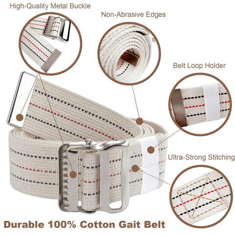 60 Inch Gait Belt For Seniors And Elderly Caregivers, featuring durable cotton fabric and sturdy metal buckle, for safe patient handling.