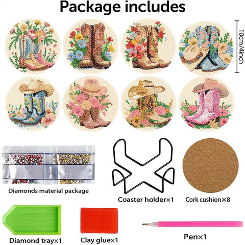 8 Pcs Cowboy Boots Diamond Art Coaster Kit For Adults Beginners DIY Craft Lovers with holder, cork pads, pen, tray, glue, extra diamonds.