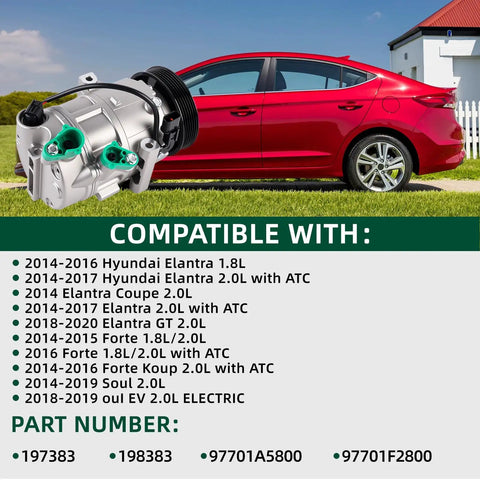 Keep Your Whip Cool In Heatwaves Direct Fit AC Compressor With Clutch for Hyundai Elantra and Kia Forte with 1.8L and 2.0L engines.