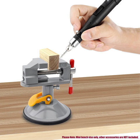 Mini Bench Vise With 360 Degree Swivel Suction Base Small Table Clamp securing wood piece on workbench
