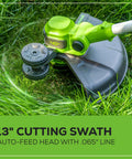 Close-up of 40V 16-Inch Brushless Cordless Lawn Mower, Blower, And 13-Inch Trimmer Combo Showing Cutting Swath in Grass