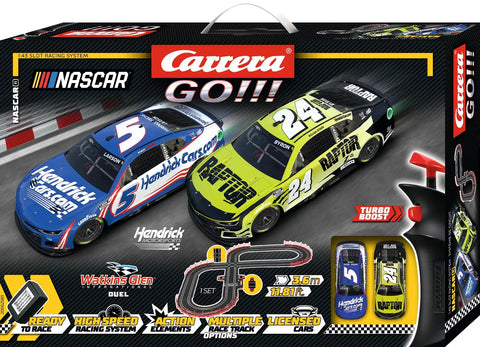 Box of Electric Powered Slot Car Racing Set With 2 Hand Controllers And 2 Cars In 1 To 43 Scale For Kids Featuring NASCAR Watkins Glen Duel On A Realistic Track