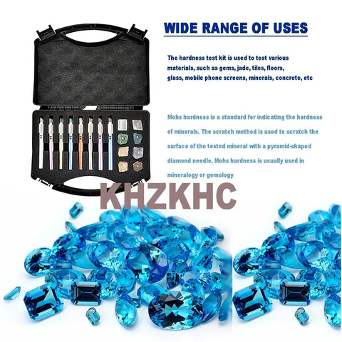 Pro Grade Hardness Test Kit For Industrial Minerals With Storage Box 2 To 9 Scratch Tester Set For Quick Gem Jade Jewelry And Stone Identification With Accurate Toughness Checks, open case with Mohs pencils and sample stones