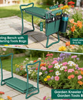 2-In-1 Garden Kneeler With Umbrella showing green garden kneeling bench with tools bag and bottle holder, 12.4x12.6 inches.