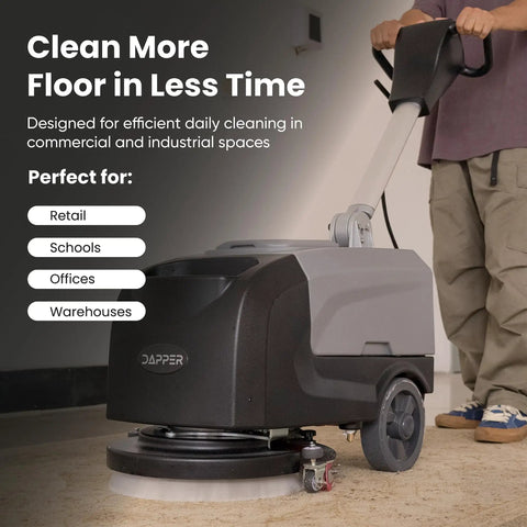 Battery Powered Walk Behind Floor Scrubber Buffer Polisher With Foldable Handle 15 Inch Brush 19 Inch Squeegee Width 4.5 Gallon Tank Includes Hard Brush And 3 Scouring Pads For Heavy Duty Commercial Cleaning; operator using scrubber in industrial setting.