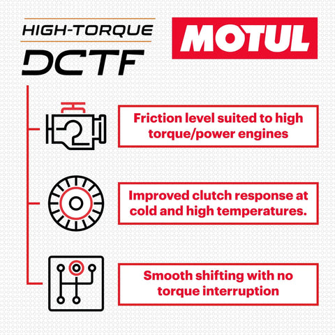 High Torque Dual Clutch Transmission Fluid DCTF For Street And Race Gearboxes Delivers Smooth Power Transfer And Quick Cold Start Maintains Consistent Viscosity At Extreme Temperatures Protects High Horsepower Gearboxes In One Liter. MOTUL DCTF infographic