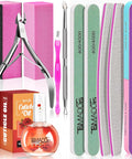 Pro Grade At Home Nail Care Kit With 3 Files And Buffers Cuticle Nipper Pusher Fork Rose Oil 15ml shown with tools