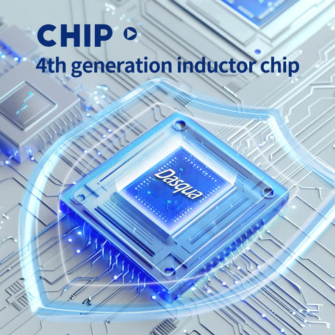 4th generation inductor chip displayed with blue glow and circuit board background, featuring "Dasqua" branding.