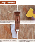 Comprehensive Wood Furniture Repair Kit With Slick Touch Up Markers And Premium Wax Sticks For Easy No Sweat Scratch Crack Fix On Laminate Floors Tables And Headboards 42 Piece Restoration Set showing deep scratch repair steps.