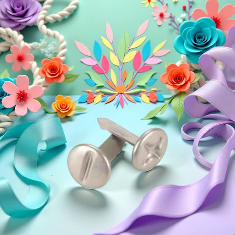 Top Tier 100 Pack 8mm Slotted Phillips Head Screw Brads In Sleek Silver with floral backdrop for paper craft projects.